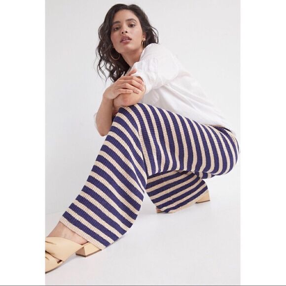 NEW Anthropologie Flat White Navy Striped Knit Semi-Sheer Pull-On Pants Small - Picture 6 of 6